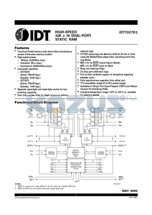 IDT7027L20PFI datasheet - HIGH-SPEED 32K x 16 DUAL-PORT STATIC RAM