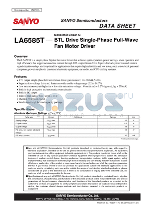 LA6585T datasheet - Monolithic Linear IC BTL Drive Single-Phase Full-Wave Fan Motor Driver
