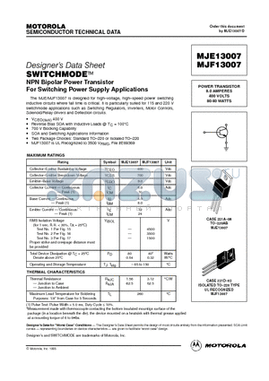 MJF13007 datasheet - POWER TRANSISTOR 8.0 AMPERES 400 VOLTS 80/40 WATTS