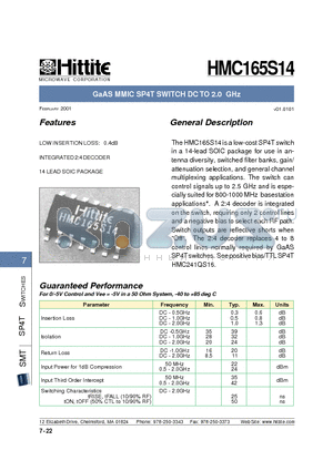 HMC165S14 datasheet - GaAS MMIC SP4T SWITCH DC TO 2.0 GHz