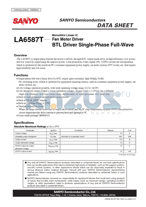 LA6587T datasheet - Monolithic Linear IC Fan Motor Driver BTL Driver Single-Phase Full-Wave