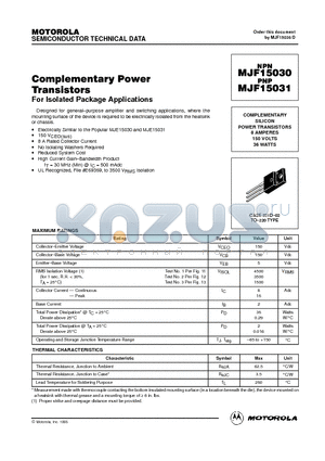 MJF15031 datasheet - COMPLEMENTARY SILICON POWER TRANSISTORS 8 AMPERES 150 VOLTS 36 WATTS
