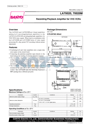 LA70020 datasheet - Recording/Playback Amplifier for VHS VCRs
