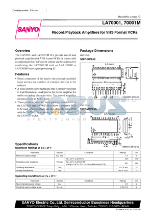LA70001M datasheet - Record/Playback Amplifiers for VHS Format VCRs