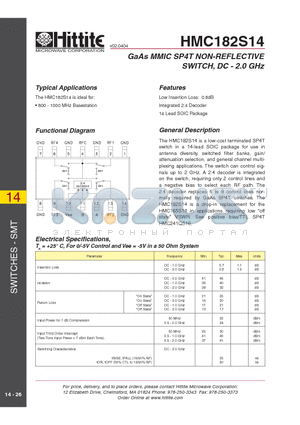 HMC182S14 datasheet - GaAs MMIC SP4T NON-REFLECTIVE SWITCH, DC - 2.0 GHz