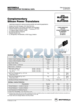 MJF2955 datasheet - COMPLEMENTARY SILICON POWER TRANSISTORS 10 AMPERES 90 VOLTS 30 WATTS