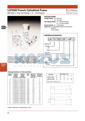 LA70QS100-22F datasheet - LA70QS French Cylindrical Fuses