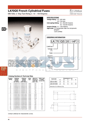 LA70QS100-22FI datasheet - LA70QS French Cylindrical Fuses