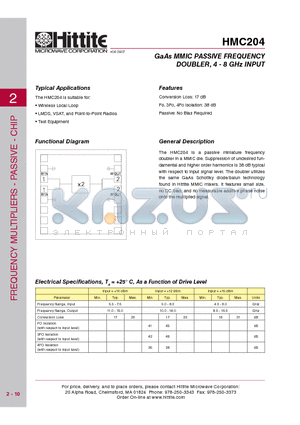 HMC204 datasheet - GaAs MMIC PASSIVE FREQUENCY DOUBLER, 4 - 8 GHz INPUT
