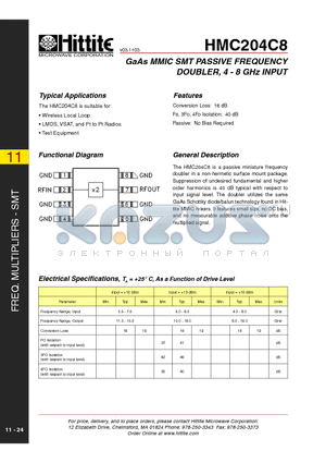 HMC204C8 datasheet - GaAs MMIC SMT PASSIVE FREQUENCY DOUBLER, 4 - 8 GHz INPUT