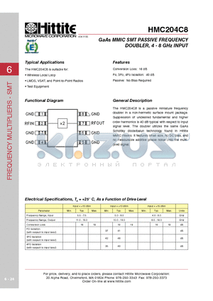 HMC204C8 datasheet - GaAs MMIC SMT PASSIVE FREQUENCY DOUBLER, 4 - 8 GHz INPUT