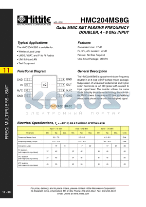 HMC204MS8 datasheet - GaAs MMIC SMT PASSIVE FREQUENCY DOUBLER, 4 - 8 GHz INPUT