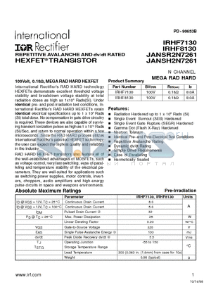 JANSR2N7261 datasheet - REPETITIVE AVALANCHE AND dv/dt RATED HEXFET TRANSISTOR