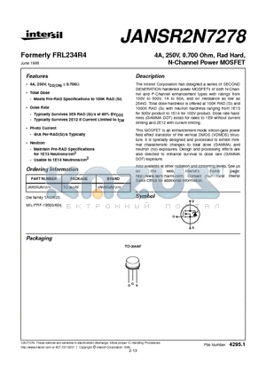 JANSR2N7278 datasheet - 4A, 250V, 0.700 Ohm, Rad Hard, N-Channel Power MOSFET