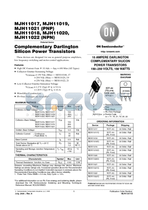 MJH11021G datasheet - 15 AMPERE DARLINGTON COMPLEMENTARY SILICON POWER TRANSISTORS 150−250 VOLTS, 150 WATTS