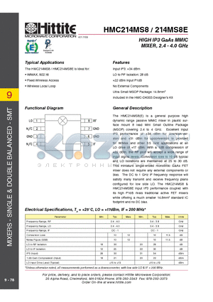 HMC214MS8 datasheet - HIGH IP3 GaAs MMIC MIXER, 2.4 - 4.0 GHz