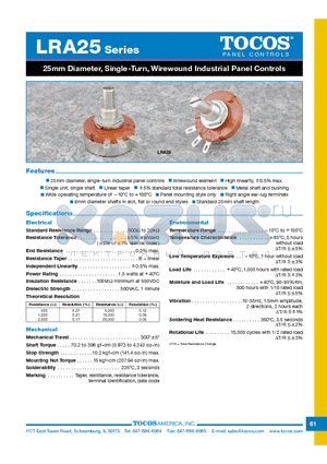 LRA2520RB101F datasheet - 25mm Diameter, Single-Turn,Wirewound Industrial Panel Controls