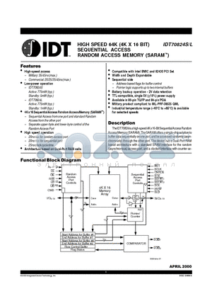 IDT70824L datasheet - HIGH-SPEED 4K X 16 SEQUENTIAL ACCESS RANDOM ACCESS MEMORY (SARAM)