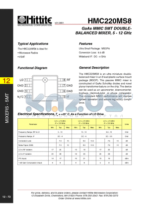 HMC220MS8 datasheet - GaAs MMIC SMT DOUBLEBALANCED MIXER, 5 - 12 GHz