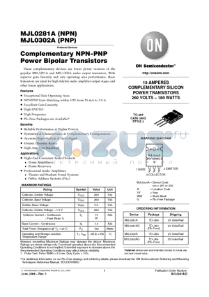 MJL0281AG datasheet - Complementary NPN-PNP Power Bipolar Transistors