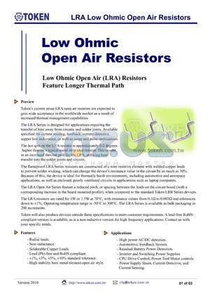 LRA350-009 datasheet - LRA Low Ohmic Open Air Resistors