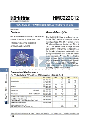 HMC222C12 datasheet - GaAs MMIC SP4T SWITCH NON-REFLECTIVE DC TO 6.0 GHz