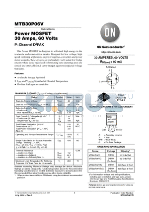 MTB30P06VT4 datasheet - Power MOSFET 30 Amps, 60 Volts P−Channel D2PAK