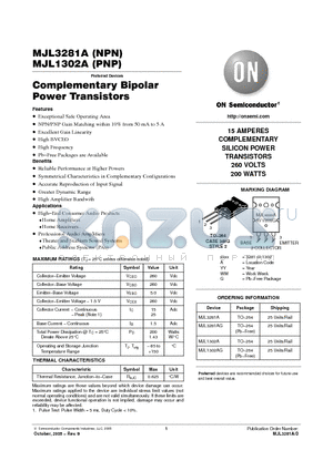 MJL1302A datasheet - 15 AMPERES COMPLEMENTARY SILICON POWER TRANSISTORS 260 VOLTS 200 WATTS