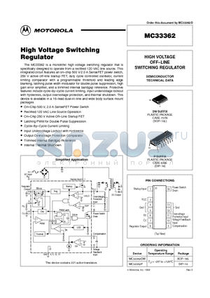 MC33362 datasheet - HIGH VOLTAGE OFF-LINE SWITCHING REGULATOR