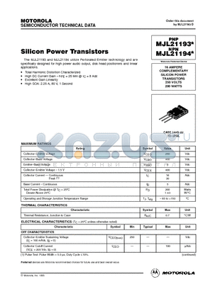 MJL21193 datasheet - 16 AMPERE COMPLEMENTARY SILICON POWER TRANSISTORS 250 VOLTS 200 WATTS