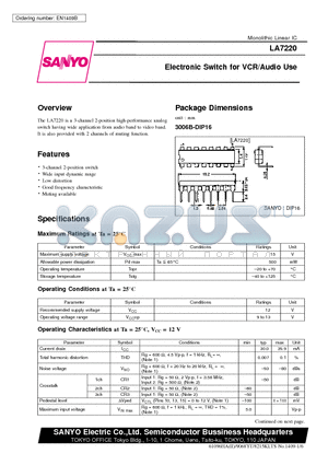 LA7220 datasheet - Electronic Switch for VCR/Audio Use