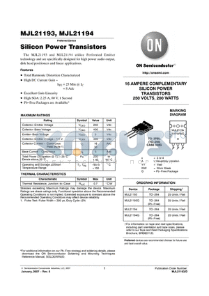 MJL21193G datasheet - 16 AMPERE COMPLEMENTARY SILICON POWER TRANSISTORS 250 VOLTS, 200 WATTS