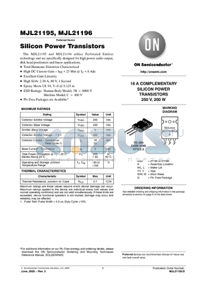 MJL21195_05 datasheet - 16 A COMPLEMENTARY SILICON POWER TRANSISTORS 250 V, 200 W