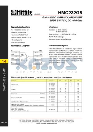 HMC232G8 datasheet - GaAs MMIC HIGH ISOLATION SMT SPDT SWITCH, DC - 6.0 GHz