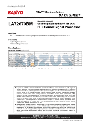 LA72670BM datasheet - US multiplex modulation for VCR HiFi Sound Signal Processor