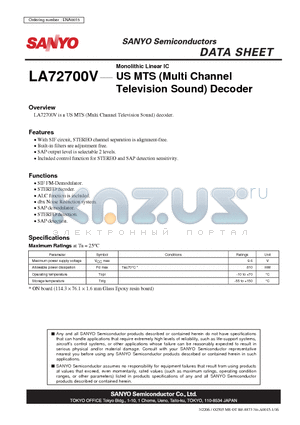 LA72700V datasheet - US MTS (Multi Channel Television Sound) Decoder