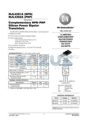 MJL4302A datasheet - Complementary NPN-PNP Silicon Power Bipolar Transistors