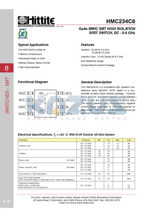 HMC234C8 datasheet - GaAs MMIC SMT HIGH ISOLATION SPDT SWITCH, DC - 8.0 GHz