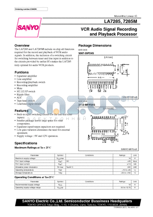 LA7285M datasheet - VCR Audio Signal Recording and Playback Processor