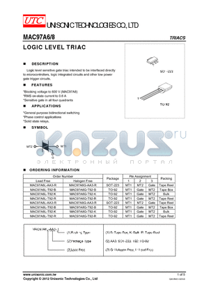 MAC97A6G-T92-B datasheet - LOGIC LEVEL TRIAC