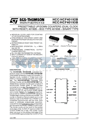 HCC40192BF datasheet - PRESETTABLE UP/DOWN COUNTERS (DUAL CLOCK WITH RESET) 40192B BCD TYPE 40193B BINARY TYPE