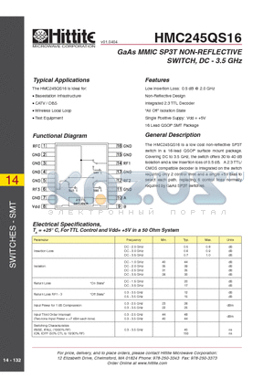HMC245QS16 datasheet - GaAs MMIC SP3T NON-REFLECTIVE SWITCH, DC - 3.5 GHz