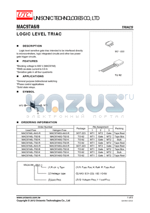 MAC97A8G-T92-B datasheet - LOGIC LEVEL TRIAC