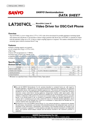LA73074CL datasheet - Monolithic Linear IC Video Driver for DSC/Cell Phone