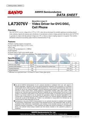 LA73076V datasheet - Monolithic Linear IC Video Driver for DVC/DSC, Cell Phone