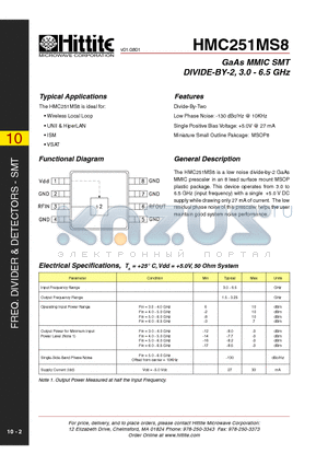 HMC251MS8 datasheet - GaAs MMIC SMT DIVIDE-BY-2, 3.0 - 6.5 GHz