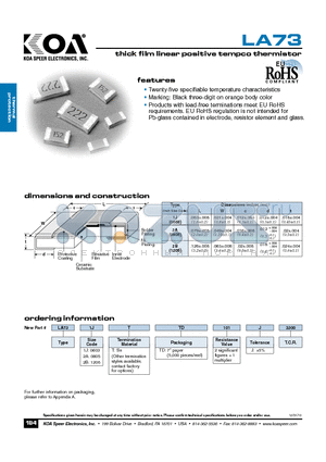 LA731JTTD101J3300 datasheet - thick film linear positive tempco thermistor