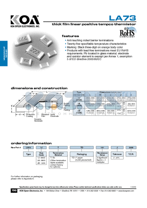 LA732ATTD101J330 datasheet - thick film linear positive tempco thermistor