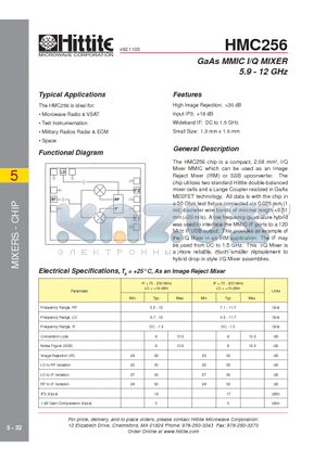 HMC256 datasheet - GaAs MMIC I/Q MIXER 5.9 - 12 GHz