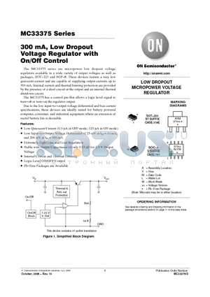 MC33375ST-5.0T3 datasheet - 300 mA, Low Dropout Voltage Regulator with On/Off Control